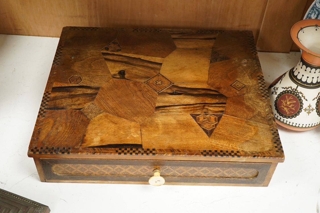 A Japanese Hakone ware marquetry box, with drawer and bone handle, 39cm wide x 32cm deep x 8.5cm high